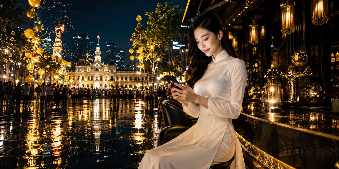 Người phụ nữ mặc áo dài tại TP Hồ Chí Minh sử dụng điện thoại chơi casino di động